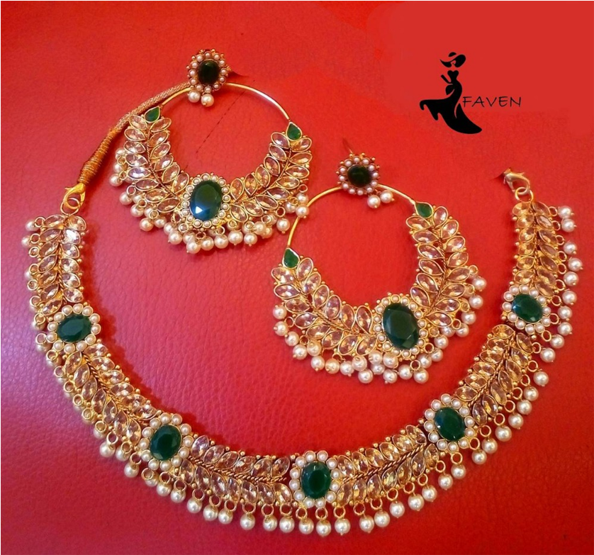 Traditional Golden Jewelry Setwith Green Stones