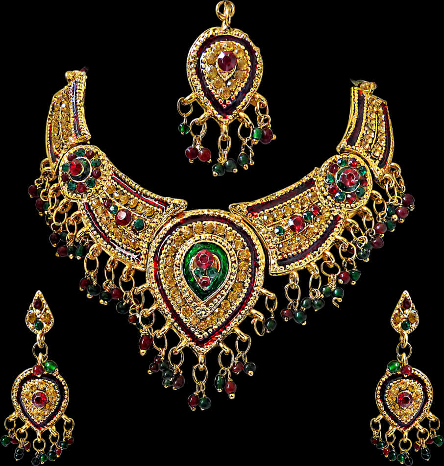 Traditional Indian Gold Necklace Earrings Set