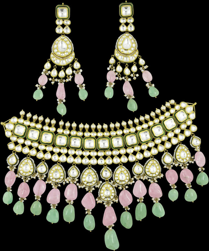 Traditional Indian Pearl Gemstone Necklace Earrings Set