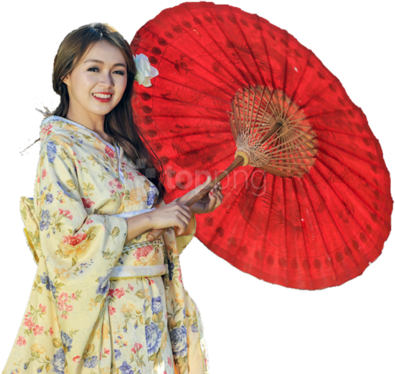 Traditional Japanese Kimonoand Red Umbrella PNG with transparent background