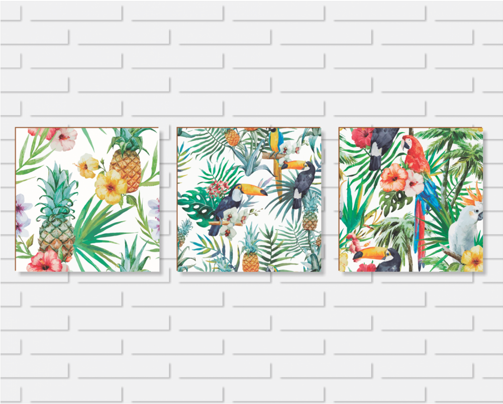 Tropical_ Birds_and_ Flora_ Triptych_ Art