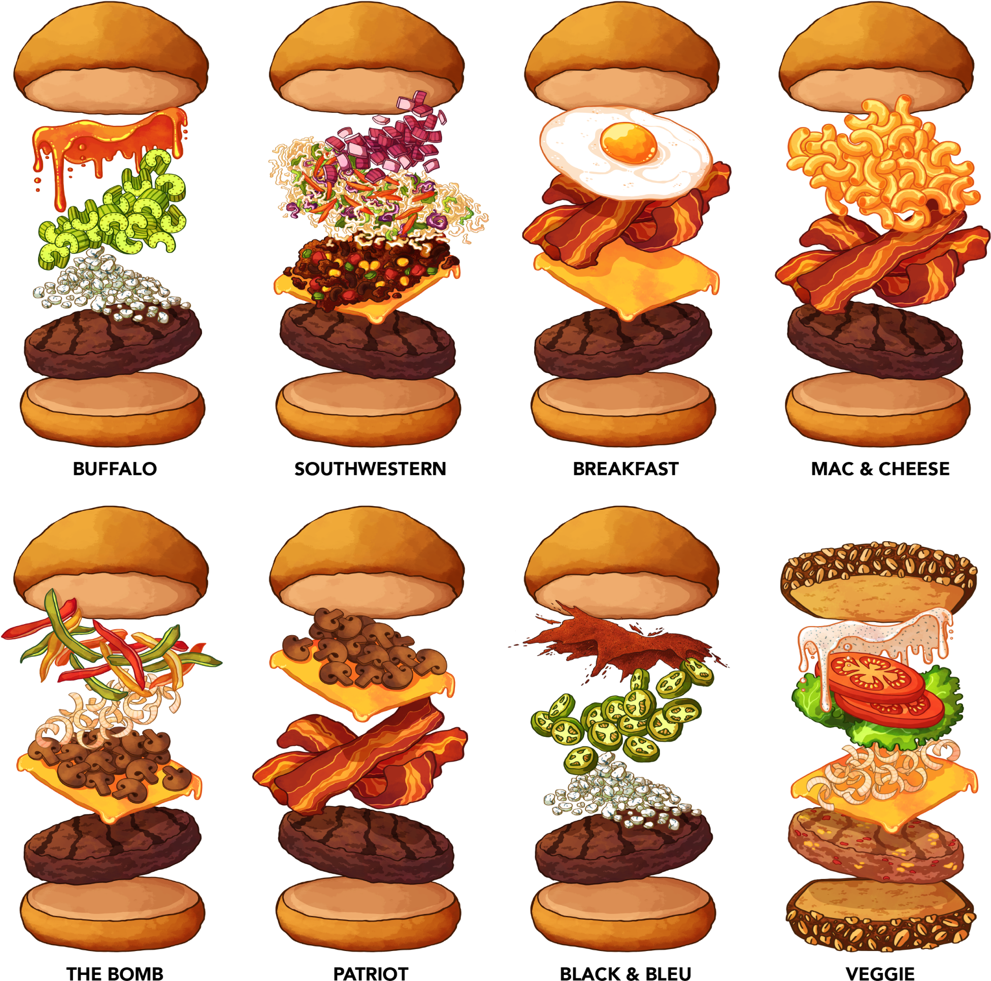 Varietyof Gourmet Burgers Illustration