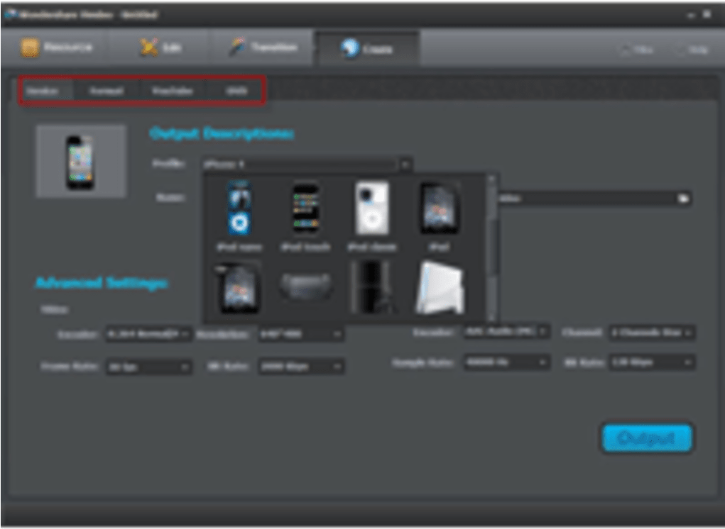 Video Editing Output Settings Interface