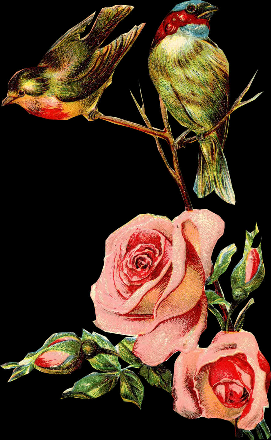 Vintage Birdsand Roses Illustration