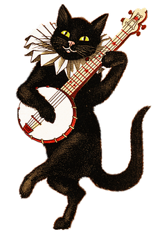 Vintage Black Cat Playing Banjo PNG with transparent background