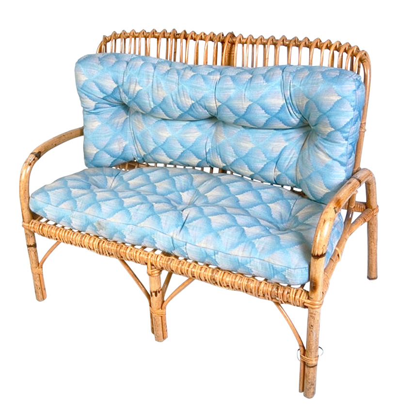 Vintage Blue Cushioned Bamboo Loveseat PNG with transparent background