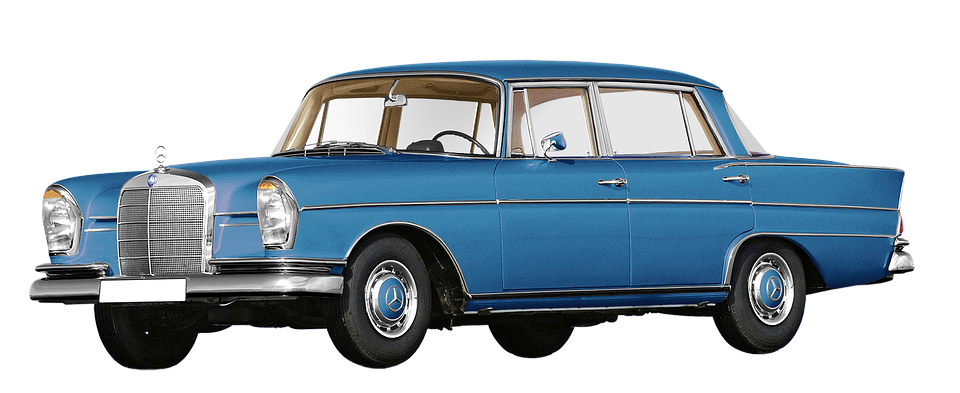 Vintage Blue Mercedes Benz Side View PNG with transparent background