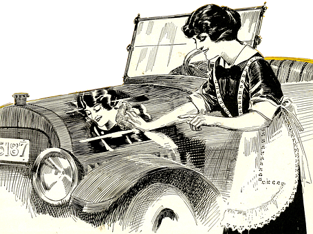 Vintage Car Illustrationwith Women PNG with transparent background
