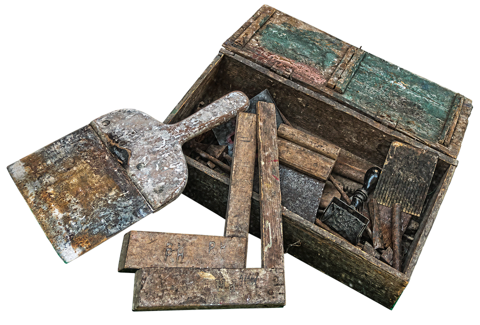 Vintage Carpentry Toolsin Wooden Box PNG with transparent background