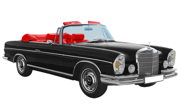 Vintage Mercedes Convertible Black Red Interior PNG with transparent background