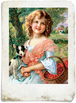 Vintage Portraitof Girlwith Dogand Basketof Flowers