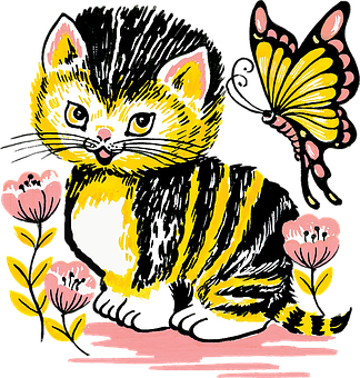 Vintage Style Catand Butterfly Illustration PNG with transparent background