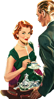 Vintage Tea Time Couple Illustration PNG with transparent background