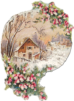 Vintage Winter Cottage Floral Frame PNG with transparent background