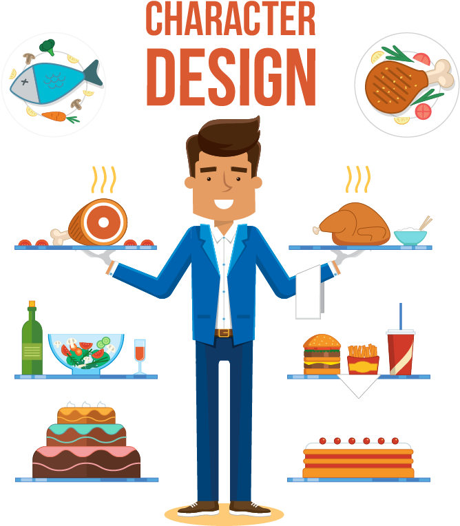 Waiter Character Designwith Food Items PNG image with a transparent background, free high-resolution download