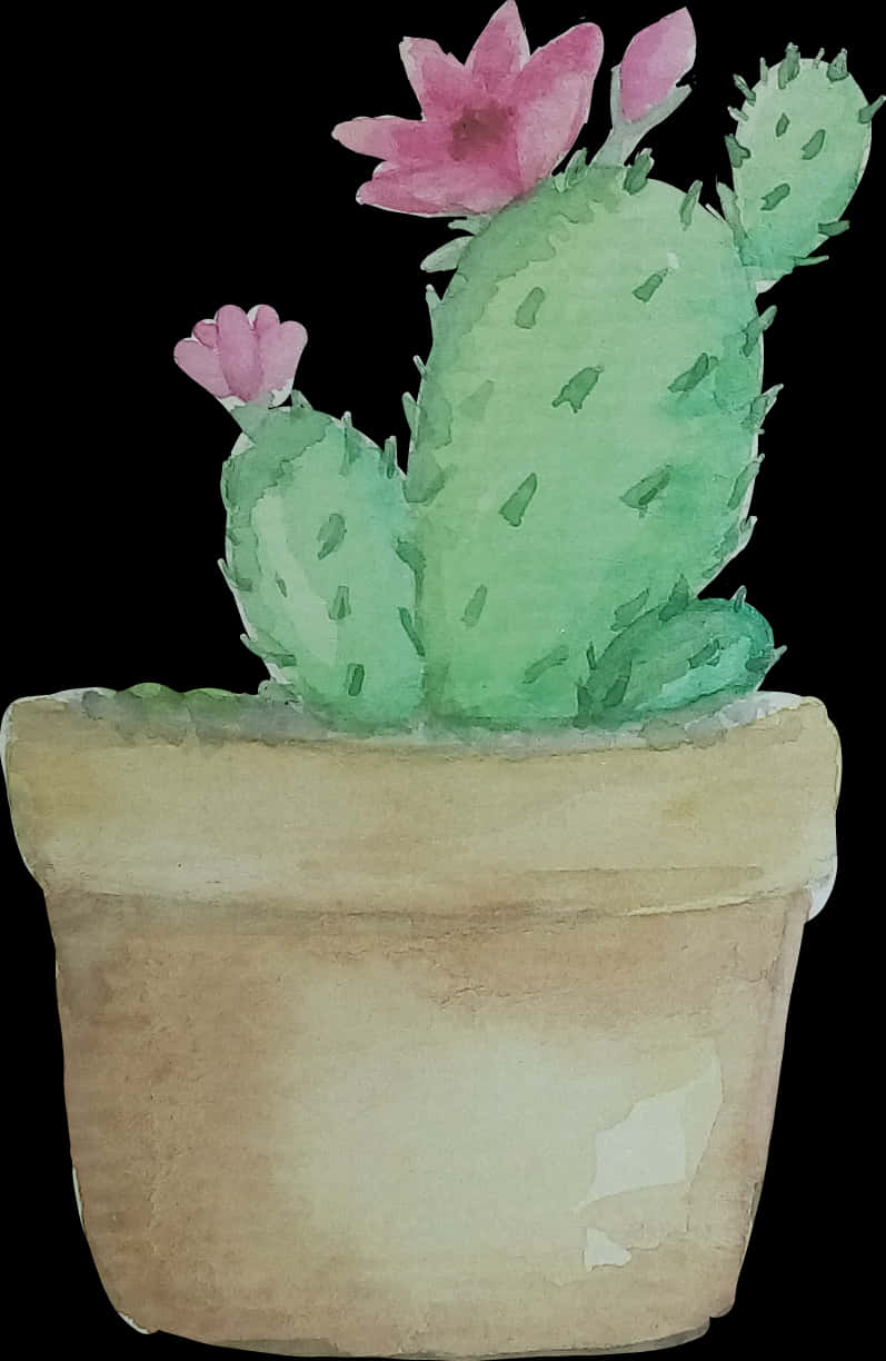 Watercolor Cactuswith Pink Flowers