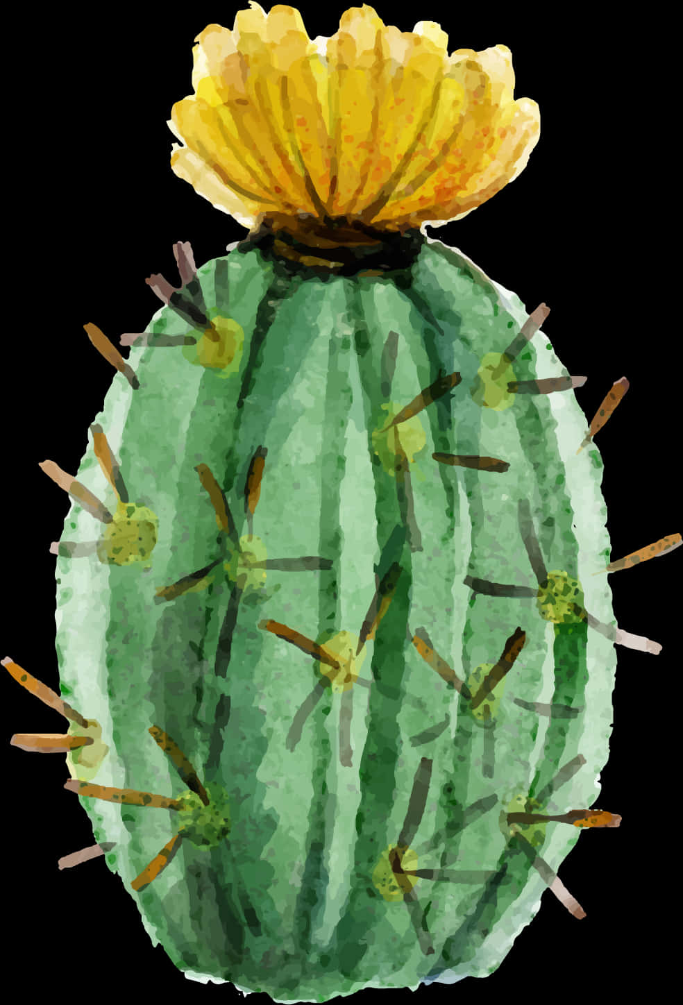 Watercolor Cactuswith Yellow Flower PNG with transparent background