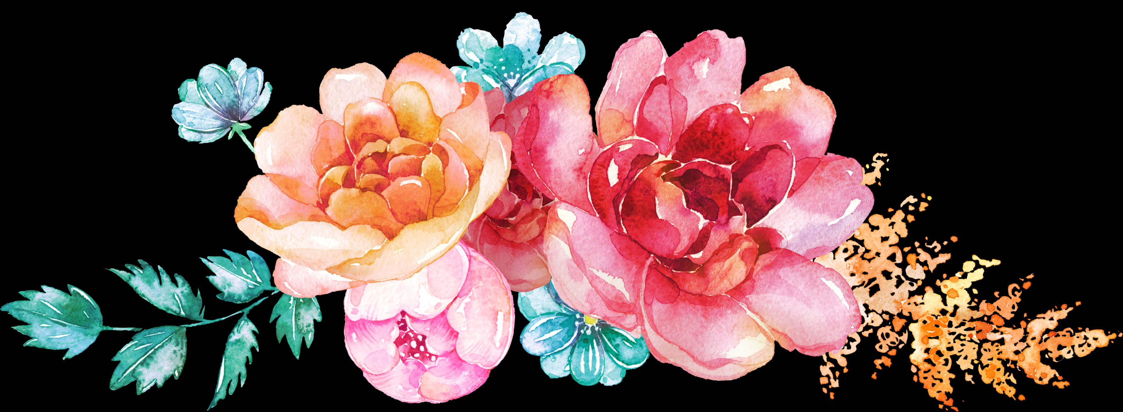 Watercolor Floral Arrangement Black Background PNG with transparent background