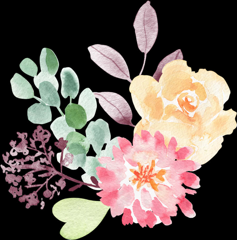 Watercolor Floral Arrangement Black Background