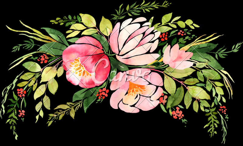 Watercolor Floral Arrangementon Black Background