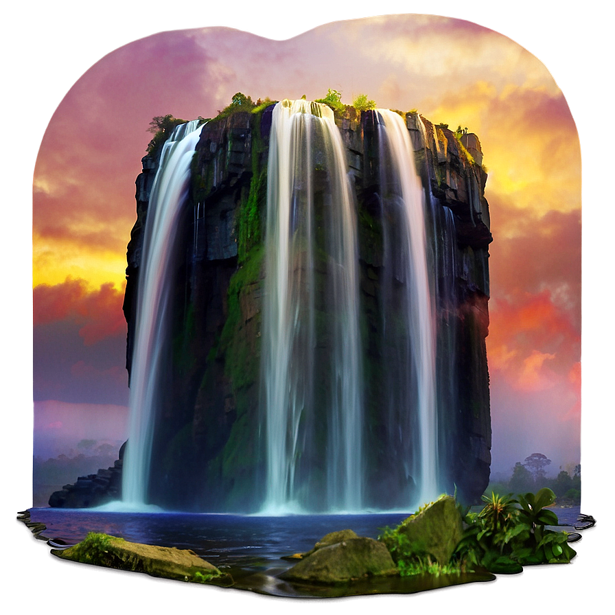 Waterfall And Rainbow At Sunset Png Not