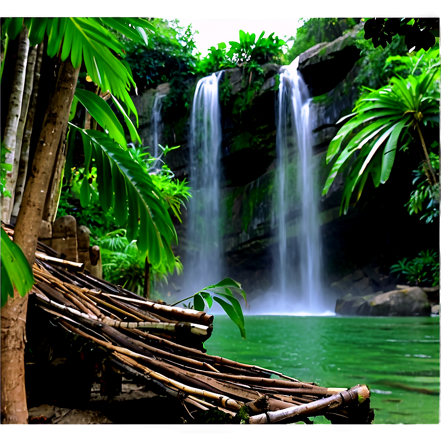 Waterfall And Traditional Hut Png Cuu