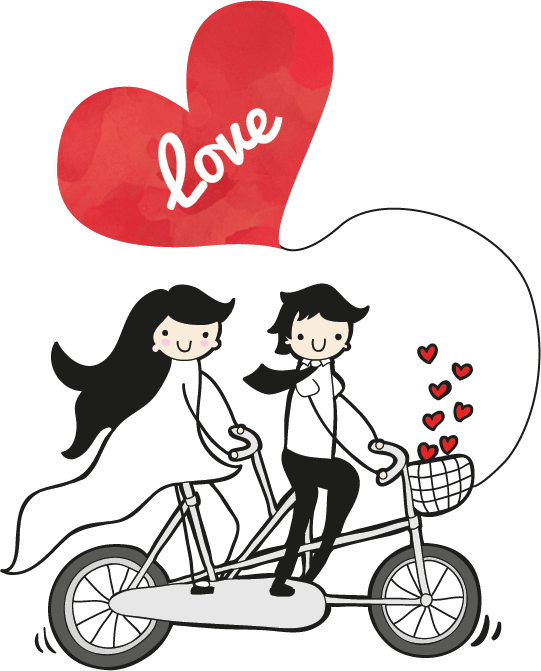 Wedding Coupleon Tandem Bicyclewith Love Balloon