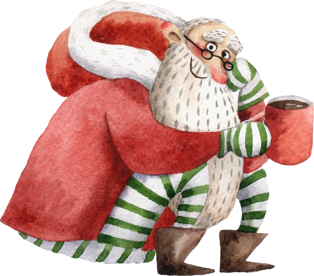 Whimsical Watercolor Santa Claus PNG with transparent background