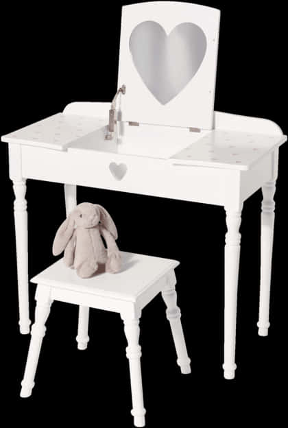 White Childrens Vanity Setwith Stooland Rabbit Toy PNG with transparent background