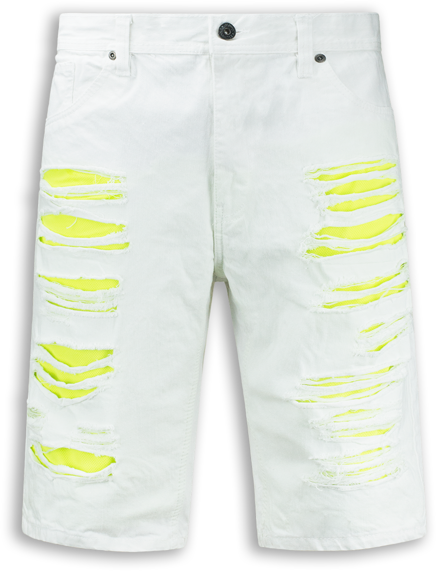 White Distressed Bermuda Shortswith Yellow Accents