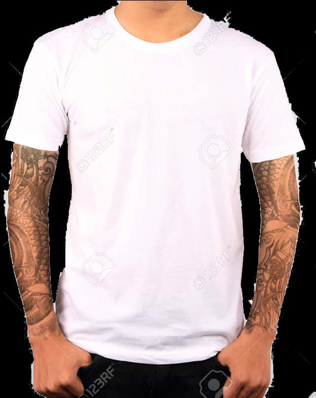 White T Shirt Tattooed Arms PNG with transparent background