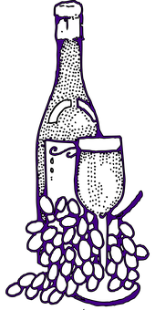 Wine Bottle Glass Grapes Outline PNG with transparent background