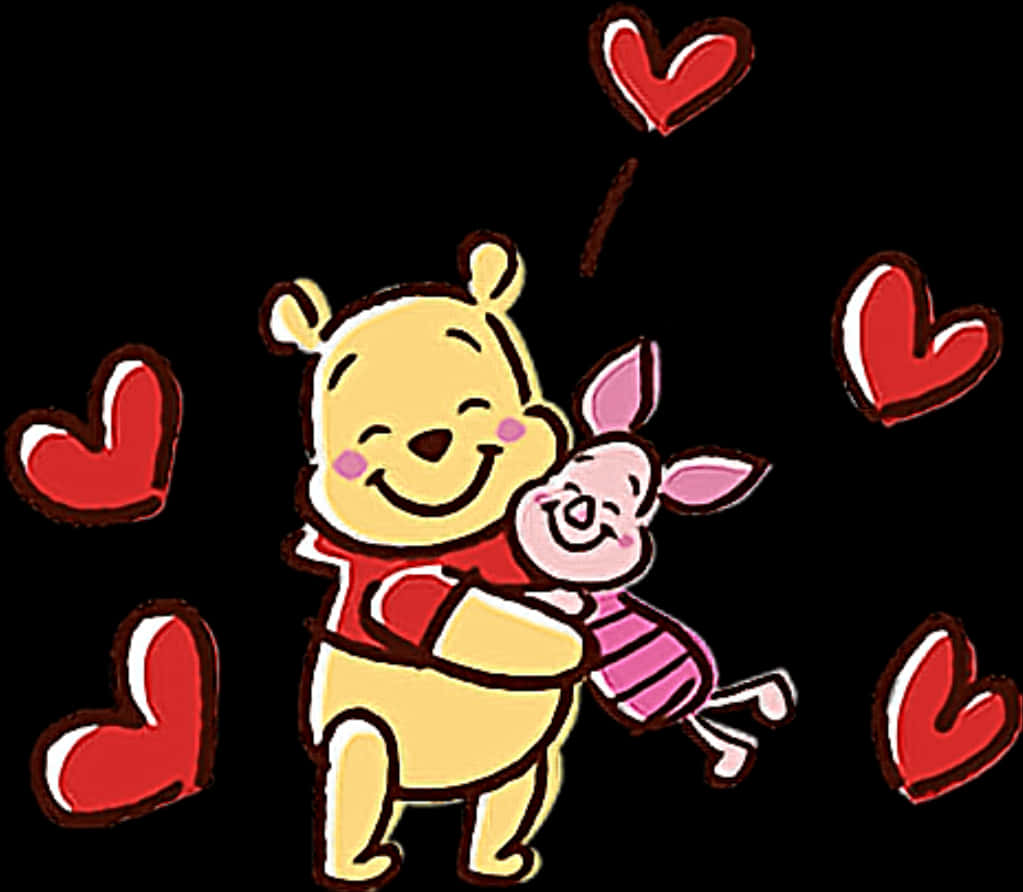 Winnieand Piglet Huggingwith Hearts PNG with transparent background