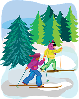 Winter Skiing Adventure Forest Scene PNG with transparent background