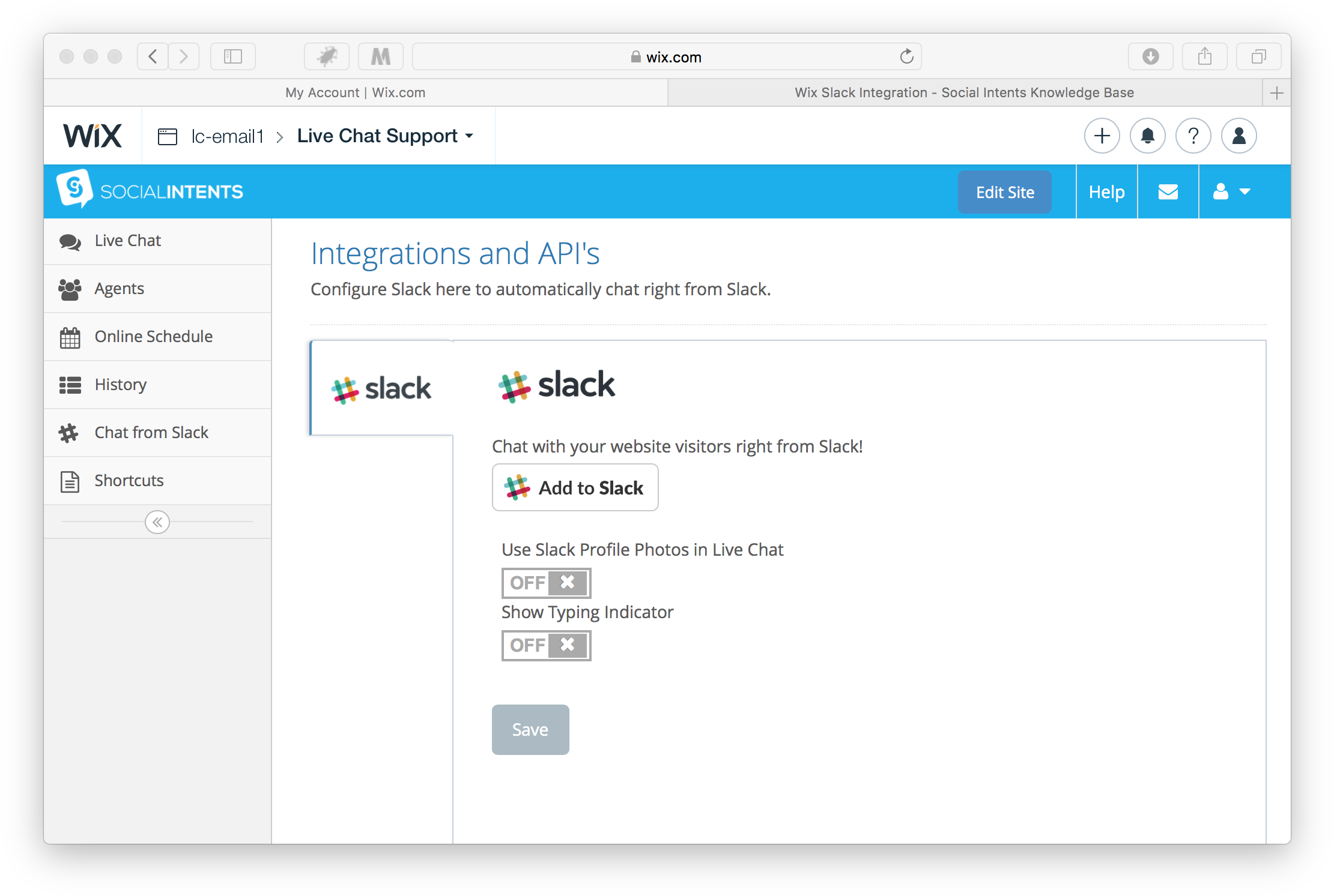 Wix Slack Integration Settings Screenshot