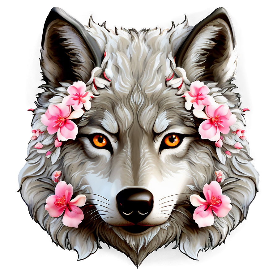 Wolf Face With Cherry Blossoms Png Qrc