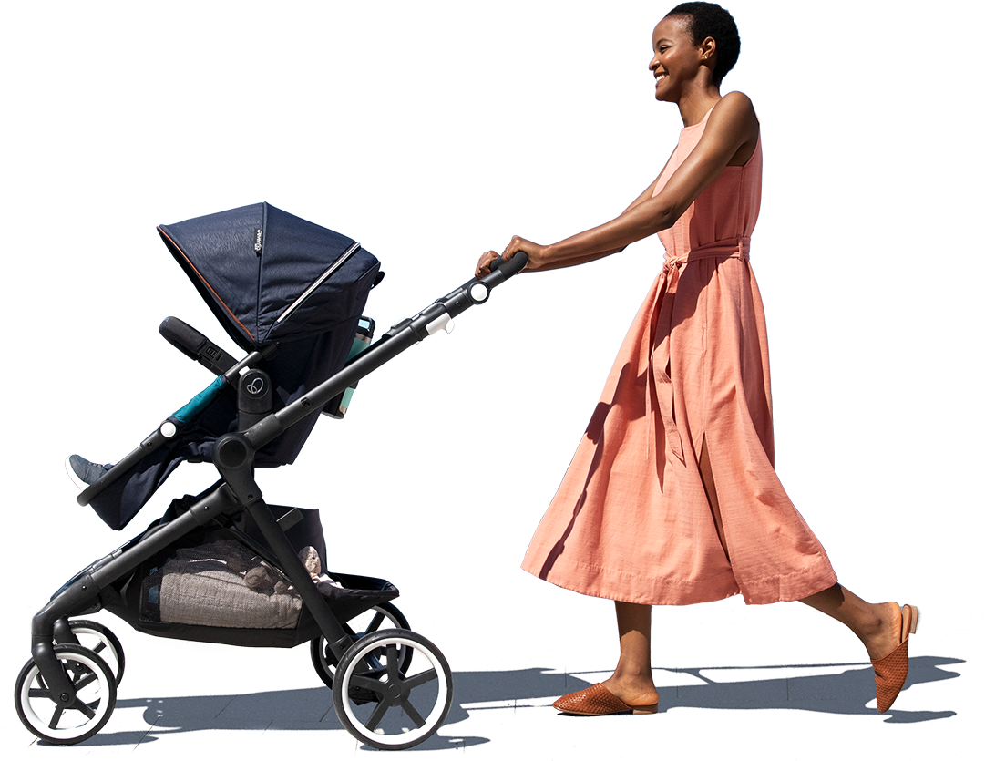Woman Pushing Baby Stroller PNG with transparent background