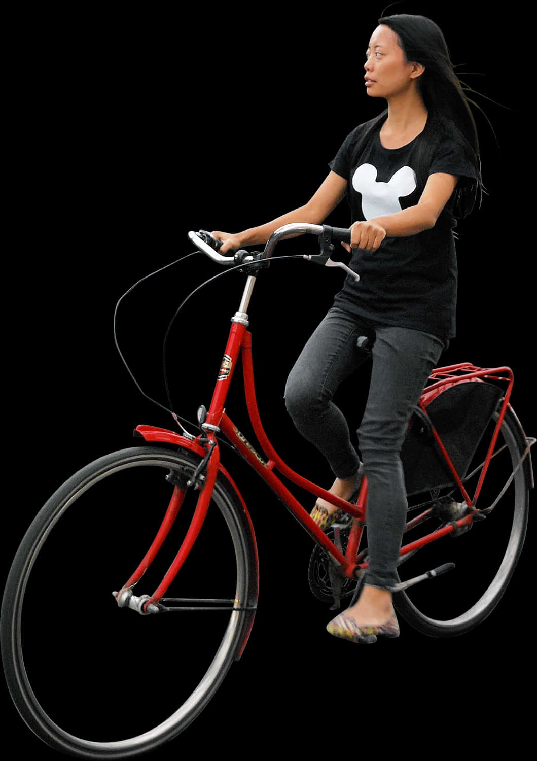 Woman Riding Red Bicycle