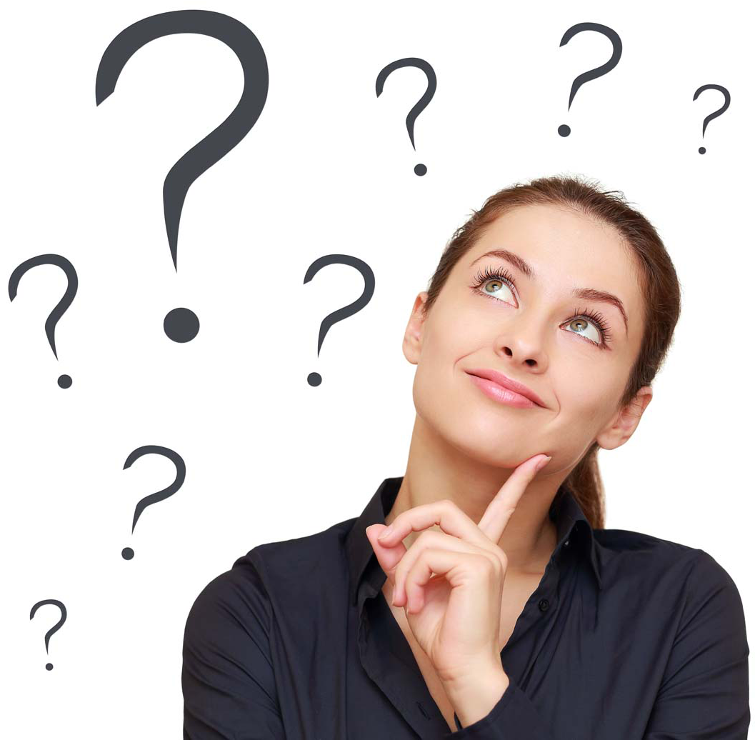 Woman Thinking Among Question Marks.png PNG with transparent background