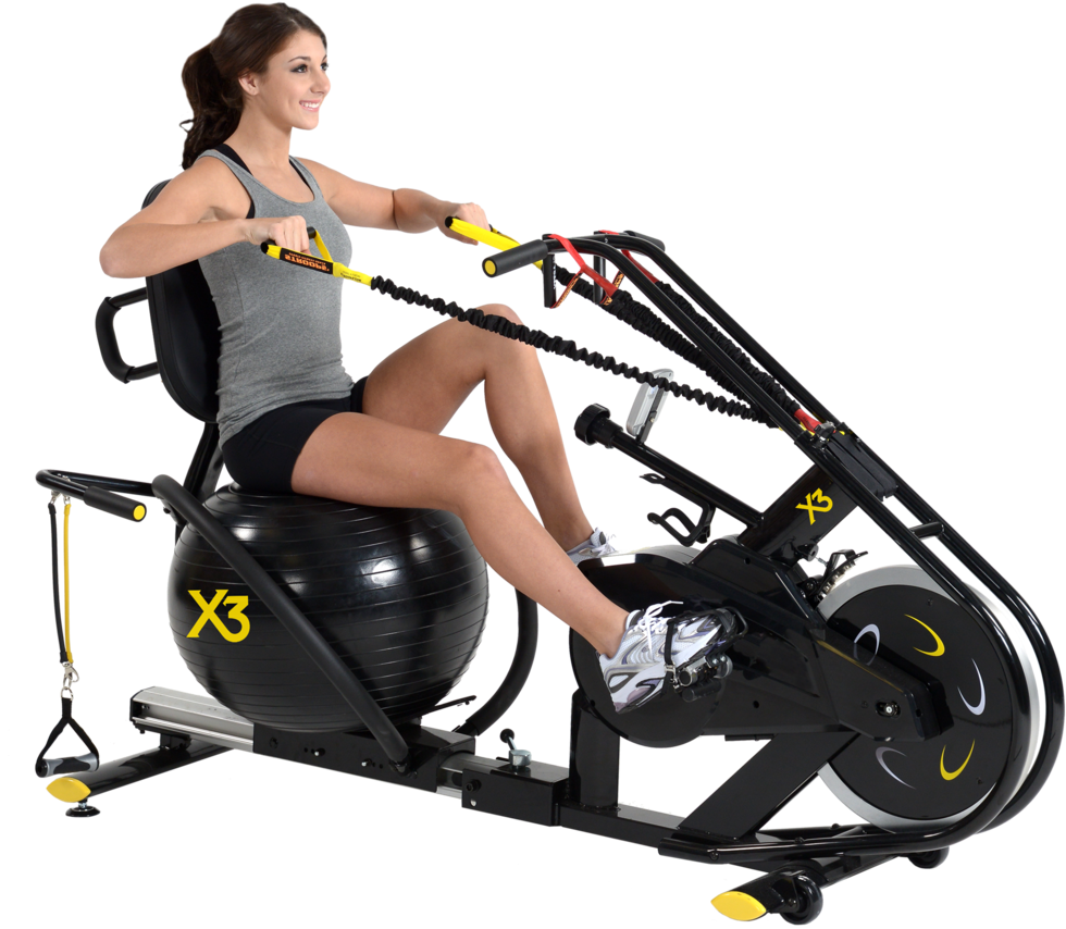 Woman Using Rowing Machine With Stability Ball