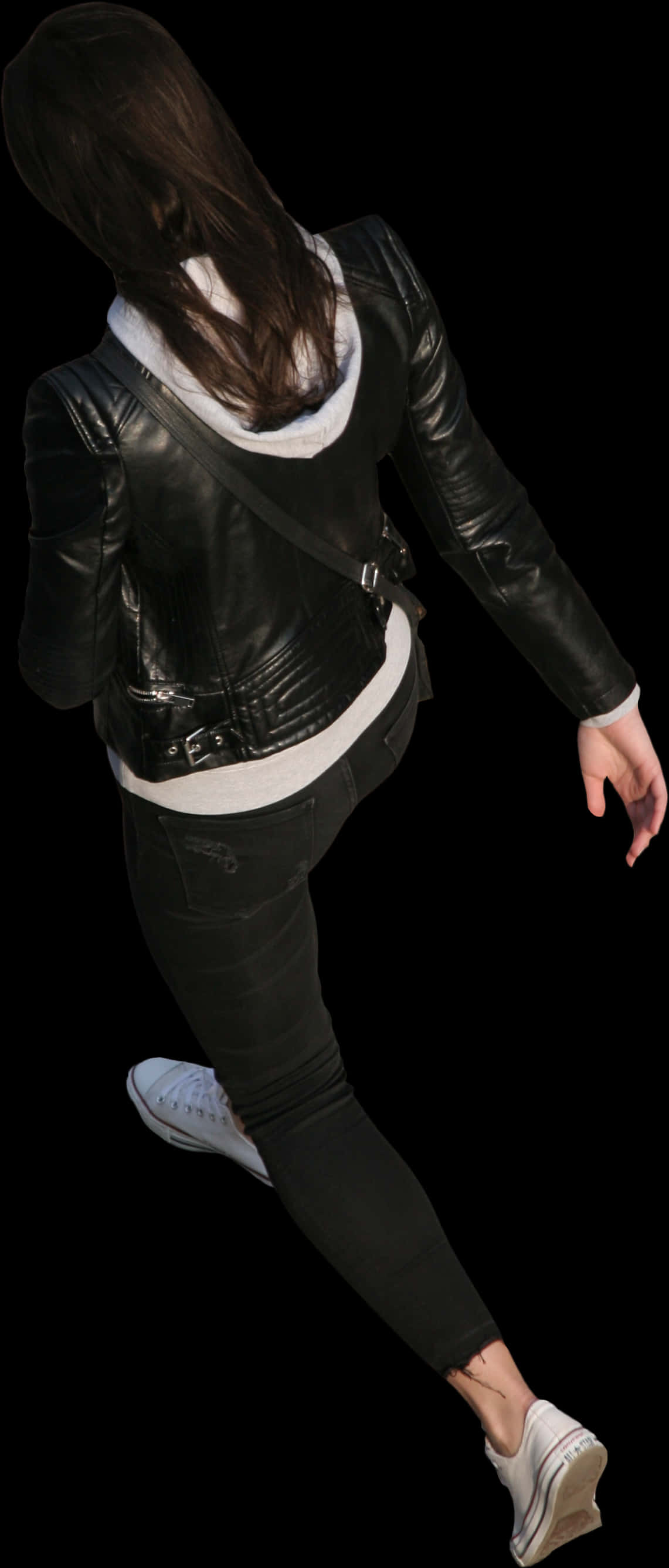Woman Walking Awayin Leather Jacket PNG with transparent background