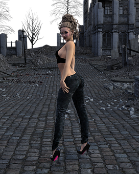 Womanin Black Outfit Ruined City Backdrop