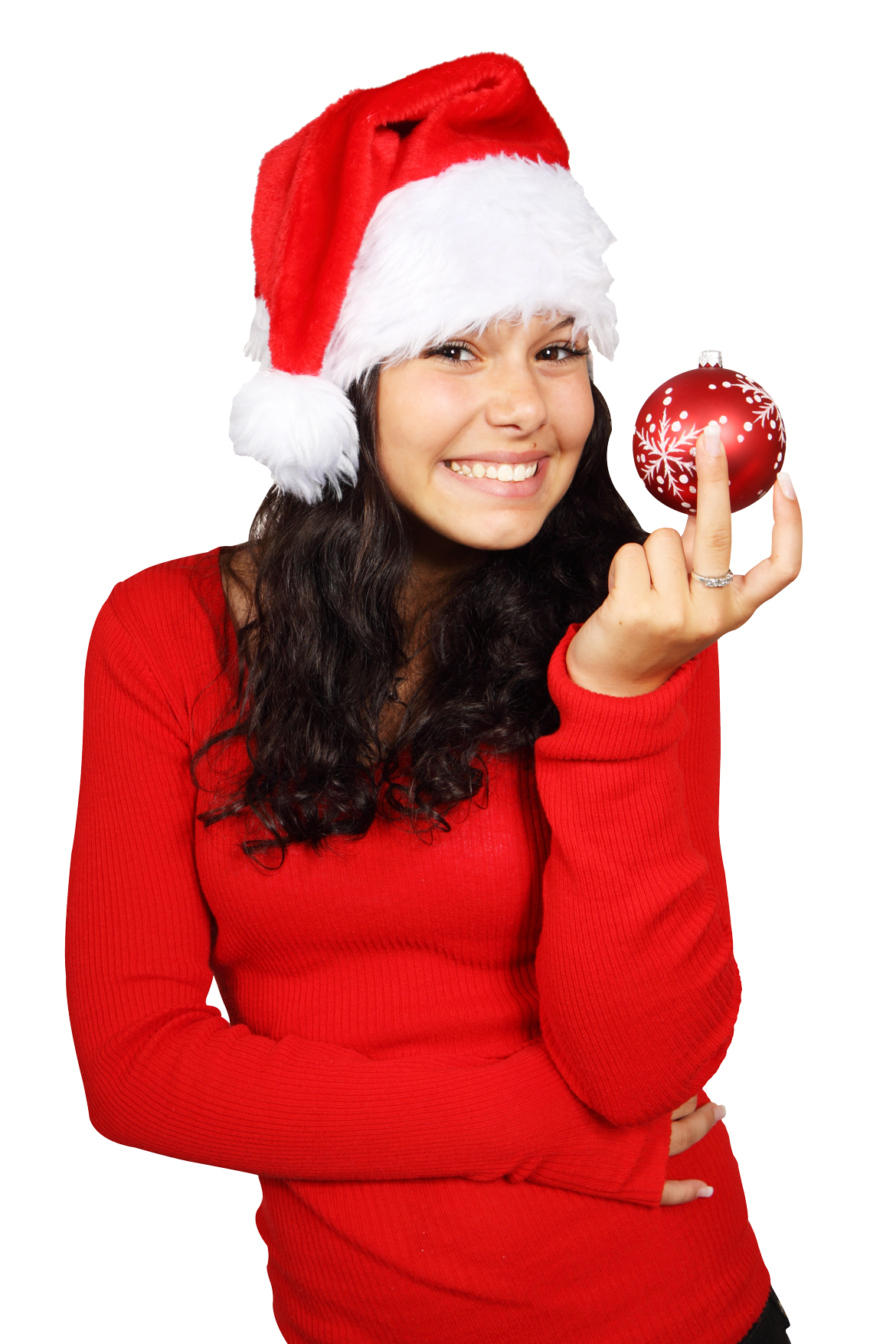 Womanin Christmas Hat Holding Ornament