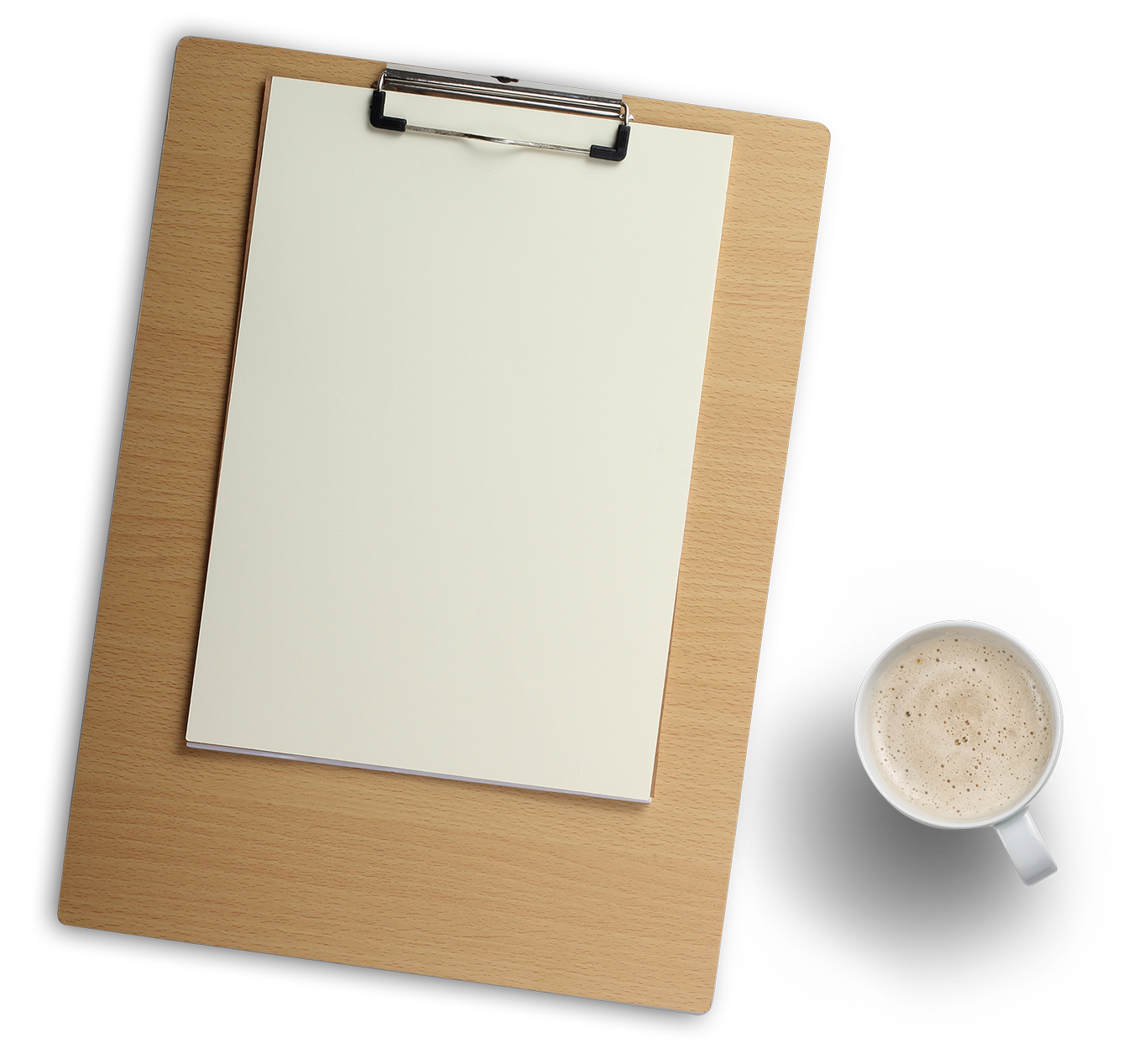 Wooden Clipboardand Coffeeon Desk PNG with transparent background