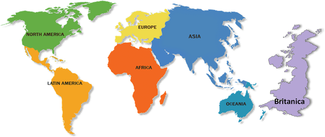 World Continents Color Coded Map PNG with transparent background