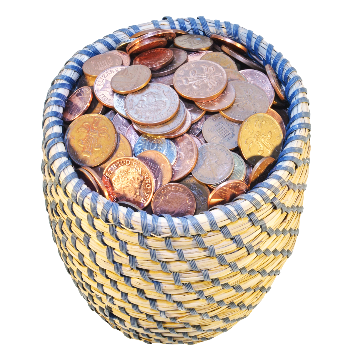 Woven Basket Fullof Coins PNG with transparent background