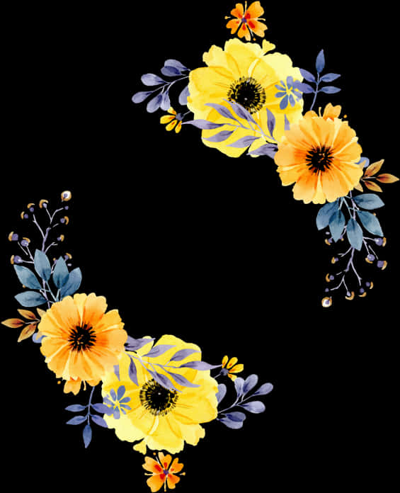 Yellow Floral Wreathon Black Background PNG image with a transparent background, free high-resolution download