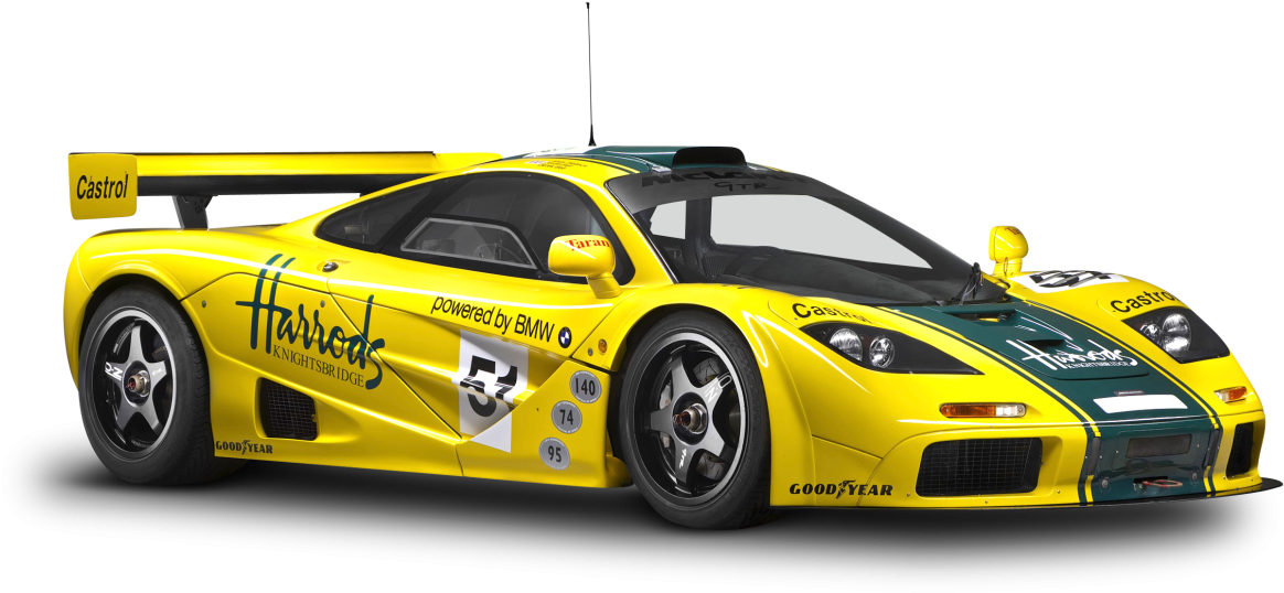 Yellow Harrod's Sponsored Racing Car PNG with transparent background
