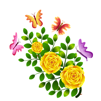 Yellow_ Roses_and_ Butterflies_ Vector PNG with transparent background