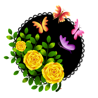 Yellow Rosesand Butterflies Graphic PNG with transparent background